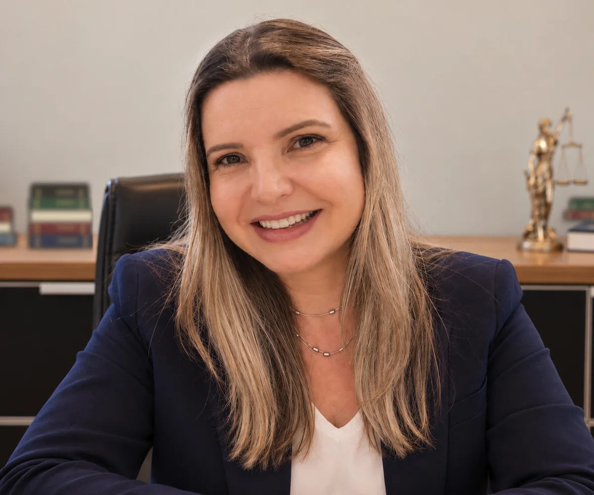 Dra. Andreia Hammes, advogada, em seu escritório em Joinville, com a estátua da Justiça e livros sobre o balcão ao fundo